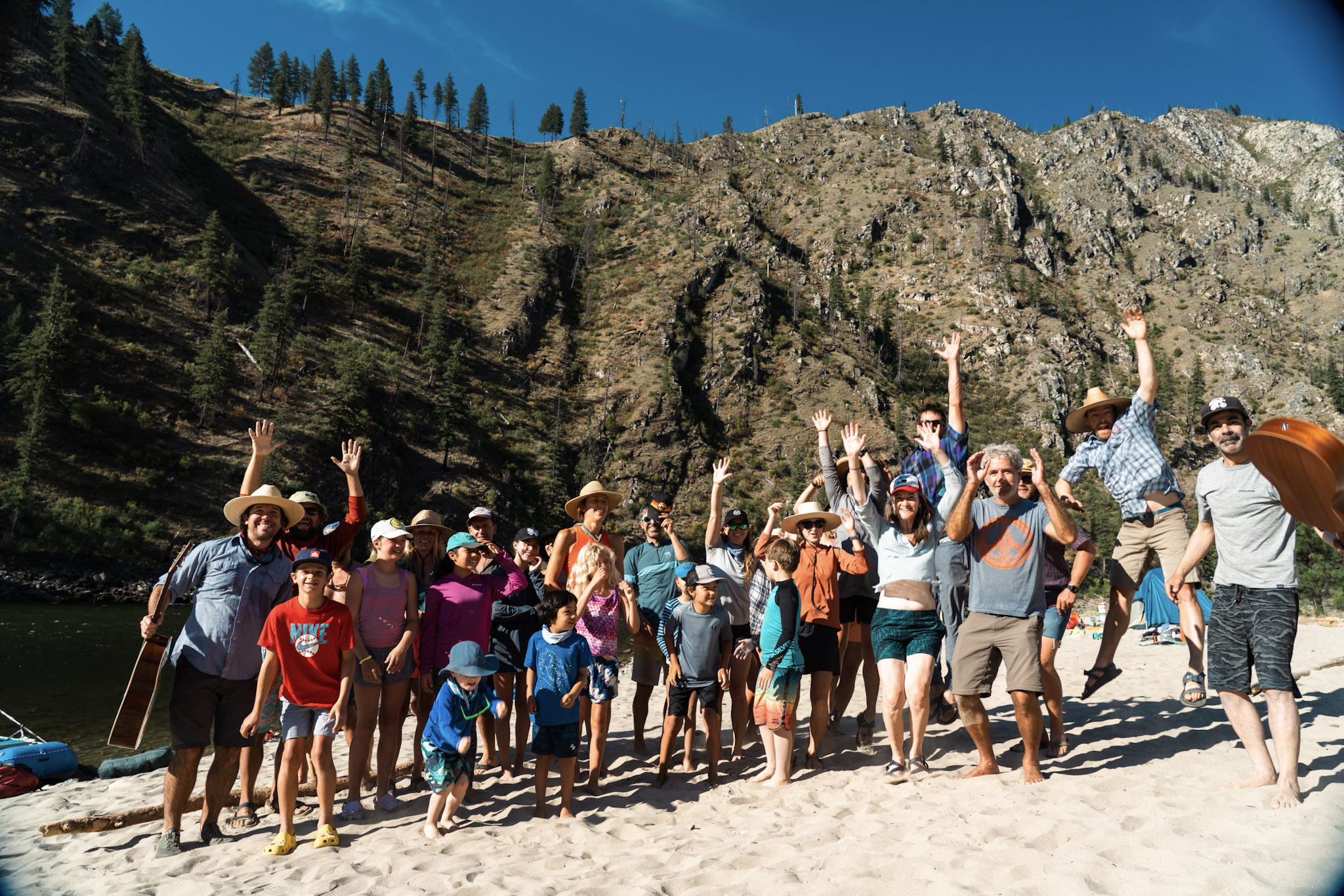 group picture of friends and family on a main salmon river trip